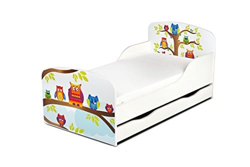 Leomark KINDERBETT 140x70 mit Schublade Funktionsbett Einzelbett mit Matratze Motiv: Eulen Sehr Einfache Montage