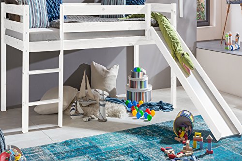 Kinderbett Hochbett mit rutsche Leiter Hochbett Spielbett Kiefer Massiv weiss oder Unbehandelt (Weiss)