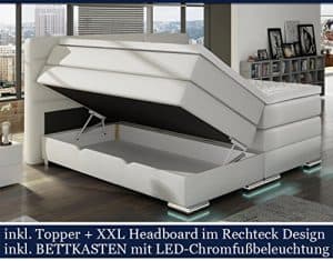 XXL ROMA Boxspringbett mit Bettkasten Designer Boxspring Bett LED Schneeweiss Rechteck Design (Schneeweiss, 180x200cm)