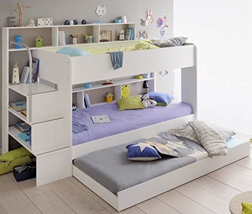 Kinder Etagenbett Weiß/grau mit Bettkasten Treppe und Geländer - 90x200