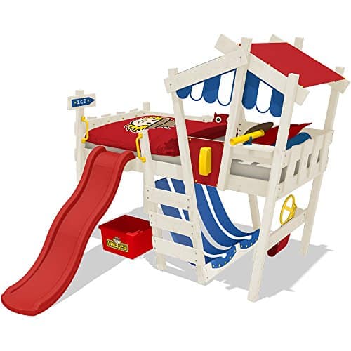 WICKEY Kinderbett CrAzY Hutty Hochbett Abenteuerbett - Rot-Blau + rote Rutsche + weiße Farbe