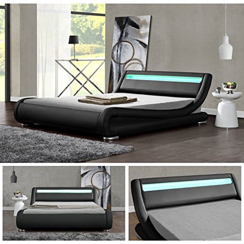 DIABLO Schwarz LED Doppelbett Polsterbett Bettgestell Bett Lattenrost Kunstleder (180cm x 200cm)